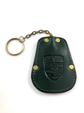 Key Case Fob Pouch - Green Leather Porsche Crest  